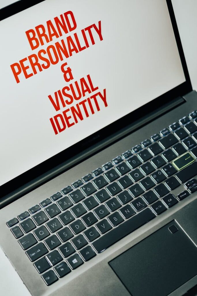 Laptop screen showing text on brand personality and visual identity for marketing strategy.